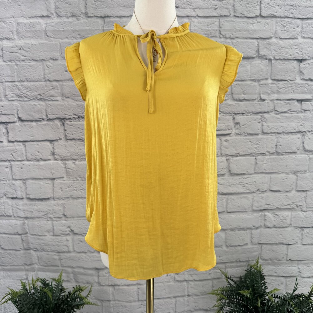 Rachel Zoe Mustard Satin Flutter Sleeve Tie Neck Blouse S